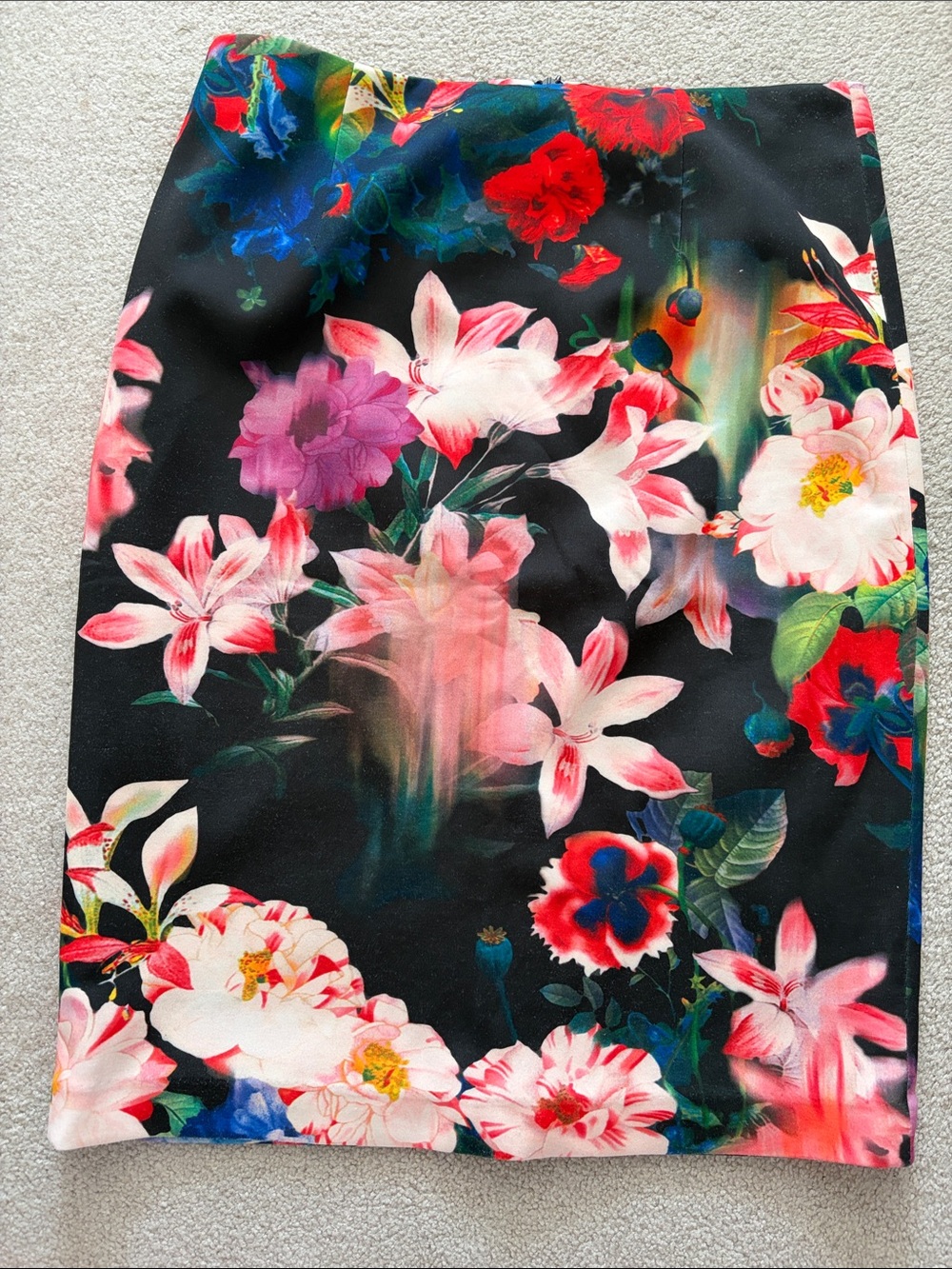 Floral Pencil Skirt in Black with Pink & Red Blooms